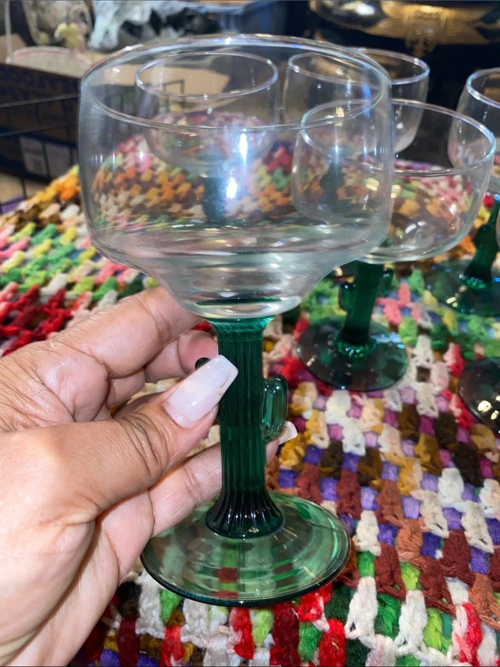 Vintage Cactus Green-Stem Clear Goblets - Set of 6